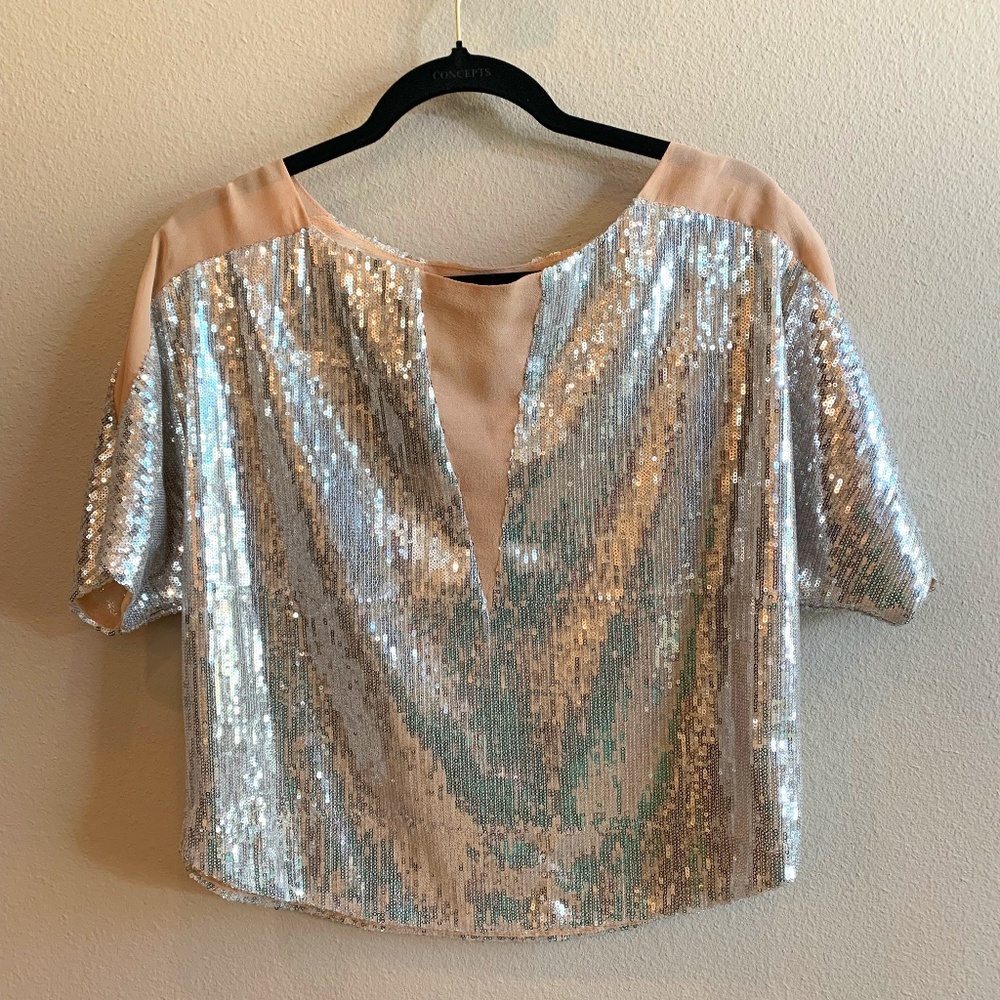 Aryn K sheer blush crop top